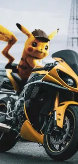 Pikachu riding a yellow motorcycle in an urban setting.