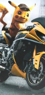 Pikachu confidently rides a motorcycle in vibrant artwork.