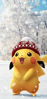 Pikachu wearing a winter hat in snowy forest.