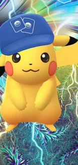 Pikachu in a blue hat with vibrant lightning effects.