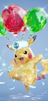 Cute Pikachu with colorful balloons floating in a sky-blue background.