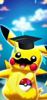 Pikachu with graduation hat and mustache in colorful sky