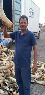 Man amidst piled horns near shipping container.