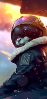 Cat in pilot armor against fiery skies wallpaper.