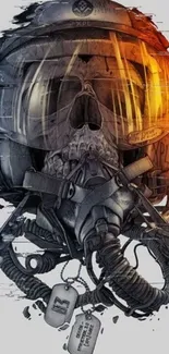 Skull in pilot helmet with fiery glow on mobile wallpaper.