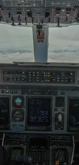 Two pilots in a cockpit with a cloudy sky view.