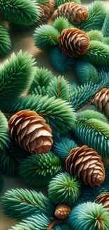 Realistic pine cones with green foliage wallpaper.
