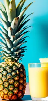 Pineapple with smoothie on a blue background.