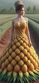 Surreal image of a woman in a pineapple dress standing in a field.