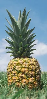 Pineapple on grass against a blue sky with clouds.