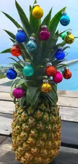 Pineapple with colorful ornaments by a poolside.