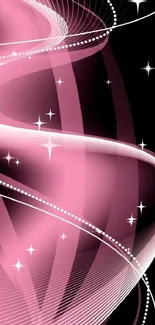 Pink abstract wallpaper with swirls and stars on a mobile screen.