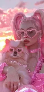 Girl and dog in pink heart sunglasses under a pink sunset sky.