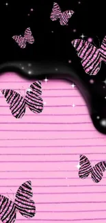 Pink and black wallpaper with striped butterflies.