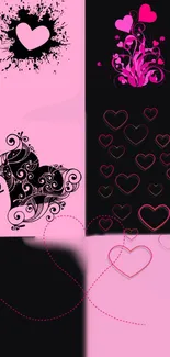 Vibrant pink and black heart design wallpaper with elegant swirls and patterns.