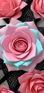 Artistic pink and blue roses on a black background.