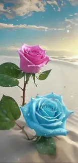 Mobile wallpaper with pink and blue roses on sandy beach under a bright sky.