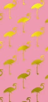 Pink wallpaper with golden flamingo pattern.