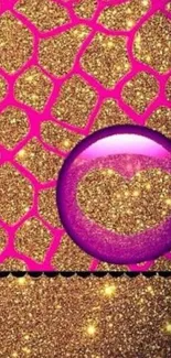 Pink and gold glitter wallpaper with a heart.