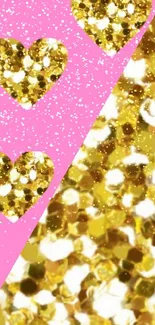 Pink and gold heart glitter wallpaper for mobile phone.