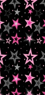 Vibrant pink and gray star pattern on black background wallpaper.