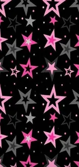 Mobile wallpaper with pink and gray stars on a black background.