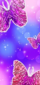 Pink and purple butterfly wallpaper with sparkling accents.