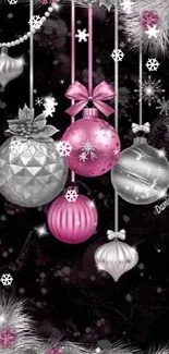 Festive pink and silver ornaments wallpaper for mobile phone.