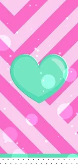 Teal heart on pink zigzag-patterned wallpaper.