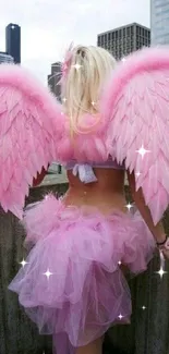 A whimsical girl with pink angel wings overlooking city skyscrapers.