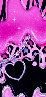 Pink animal print wallpaper with a heart and glitter effect.