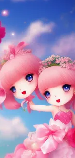 Anime characters in a pink floral fantasy setting.