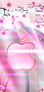 Pink Apple logo with cherry blossoms in a stylish mobile wallpaper.