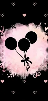 Pink and black balloon wallpaper with heart designs.