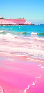 Vibrant pink sand beach with blue sky and ocean waves.