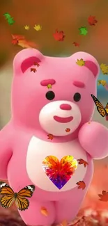 Cute pink bear with butterflies and colorful heart.