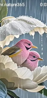 Two pink birds nestled in a blooming flower with raindrops.