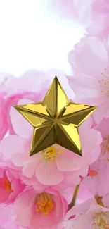 A gold star rests among soft pink blossoms, creating an elegant mobile wallpaper.