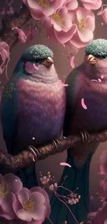 Two birds with pink blossoms in soft lighting.