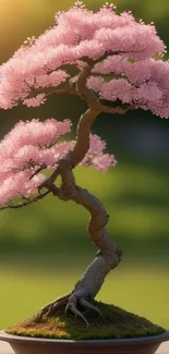 A beautiful pink blossom bonsai tree with a serene green background.