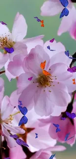 Pink blossom and butterflies phone wallpaper.