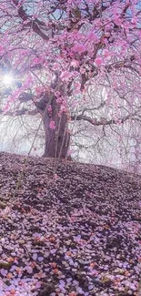 Blossoming pink tree with petals covering the ground under a clear sky.