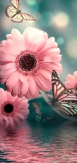 Pink flowers and butterflies over water with a teal background.