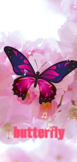 Pink cherry blossoms with butterfly art.