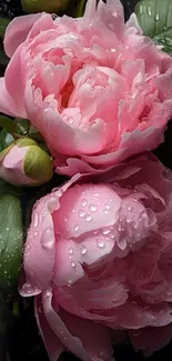 Close-up of pink peonies covered in dew.