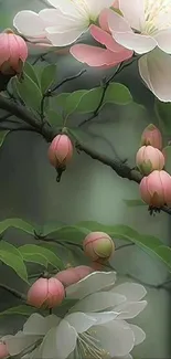 Pink and white blossoms with green leaves on a branch.