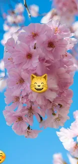 Cherry blossoms with emojis on a mobile wallpaper.