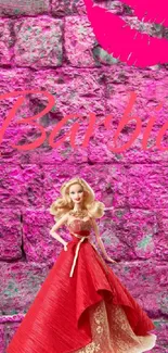 Barbie in a red dress against a pink brick wall.