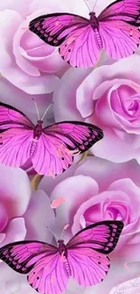 Elegant wallpaper with pink butterflies and roses, perfect for phones.