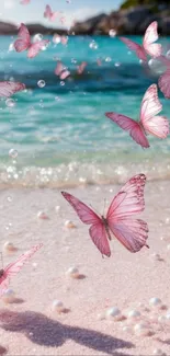 Pink butterflies flutter over a serene beach with a clear ocean view.